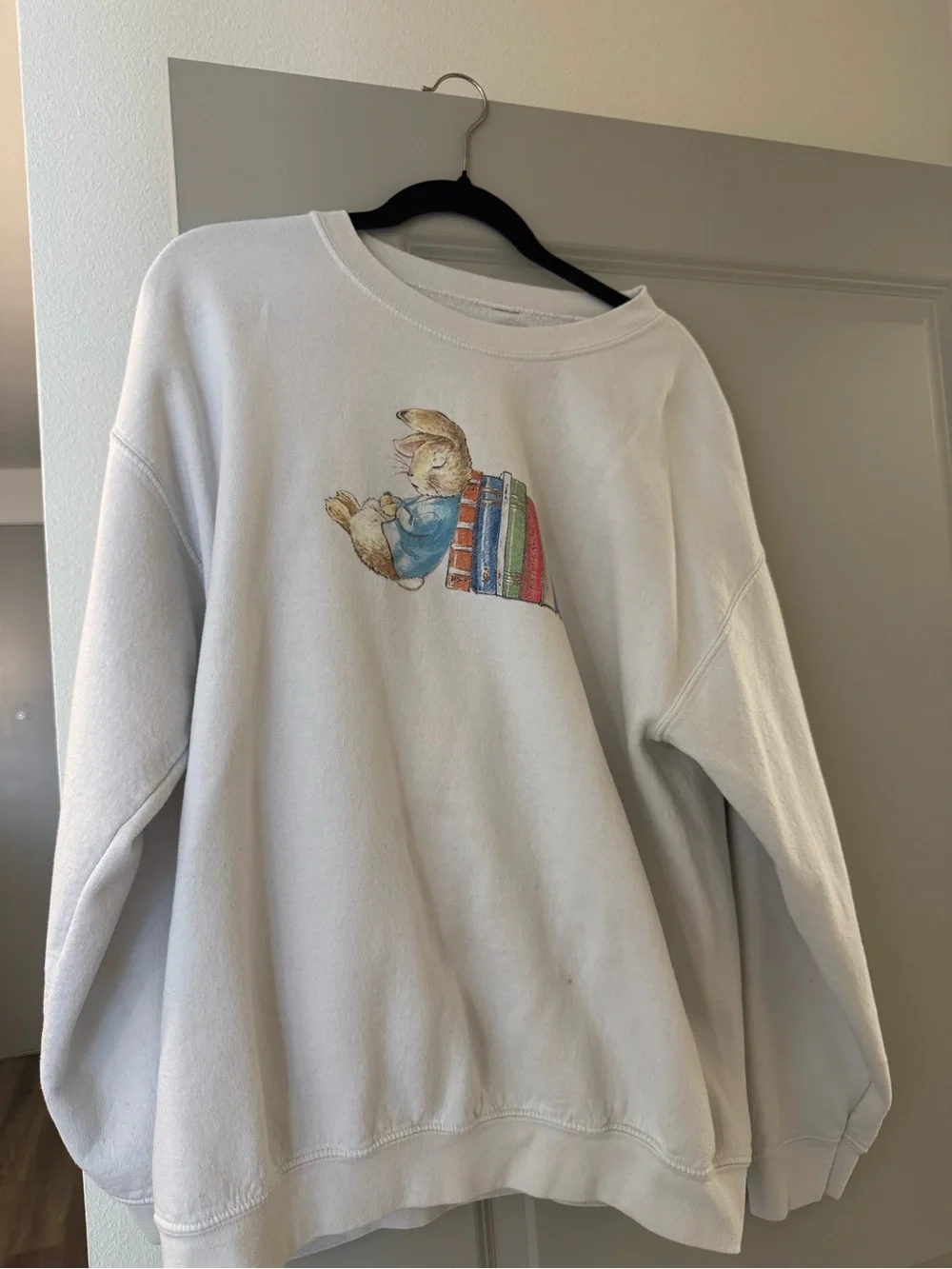 PacSun White Crewneck Sweatshirt with Bunny and Bookstack Art